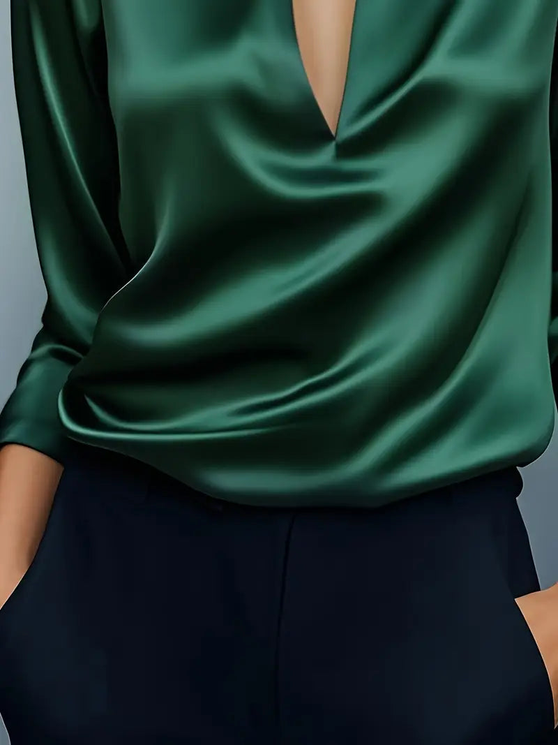 Women's Elegant Collared V-Neck Blouse - Long Sleeve