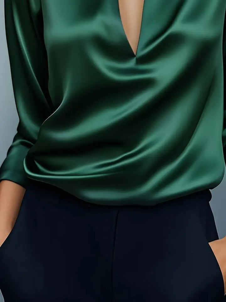 Women's Elegant Collared V-Neck Blouse - Long Sleeve