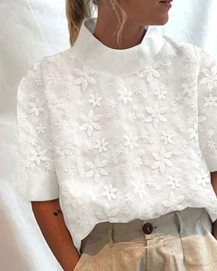Embroidered Solid Stand Collar Top