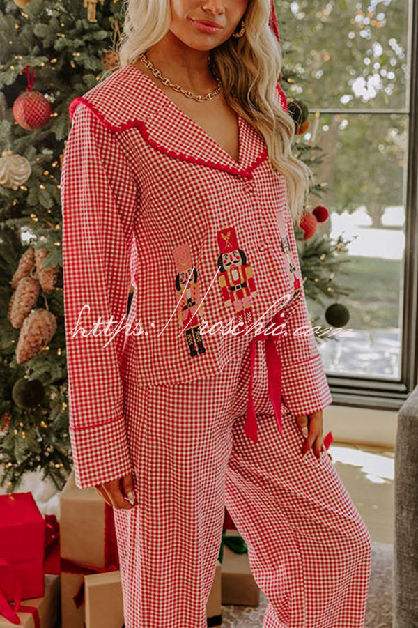 Nutcracker Charm Embroidered Gingham Loose Shirt and Elastic Waist Pajama Set