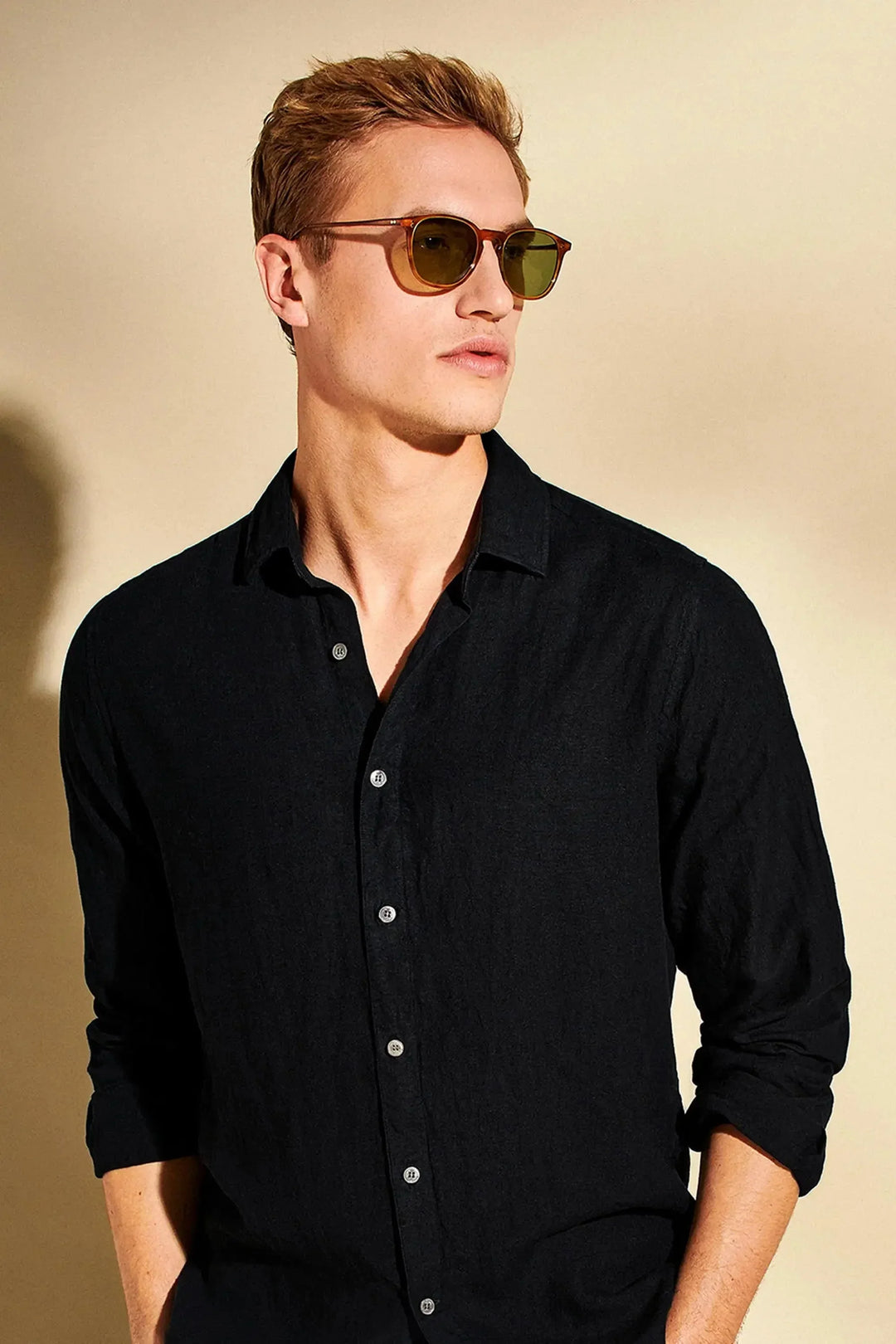 Puento Fortade Black Linen Shirt Regular Fit Essential Black, view 2 - Elena Harper