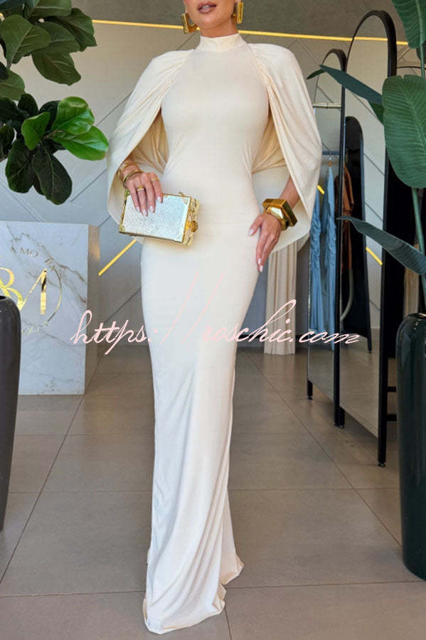 Mermaid High Neck Cape Sleeve Drape Open Back Evening Gown Maxi Dress
