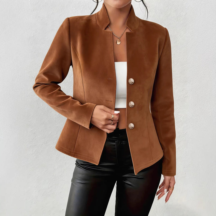 Women's Suede Effect Blazer with V-Neck and Three Buttons