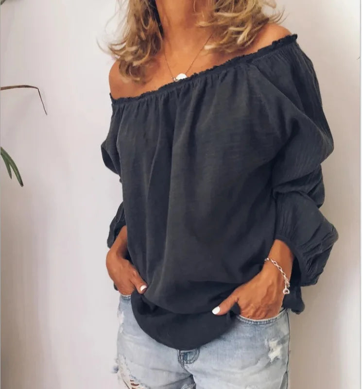 Women's Off Shoulder Blouse with Elegant Balloon Sleeves, view 3 - Elena Harper