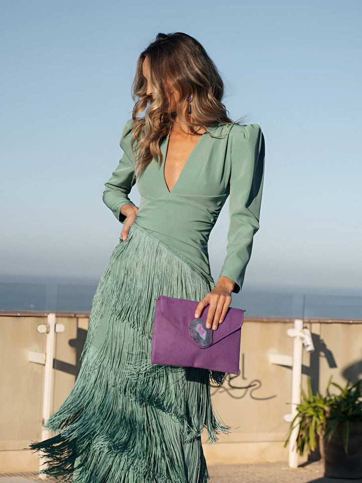 Sage green fringe dress by Emma & Rose Cape Town, featuring flowing fabric and stylish fringe details.