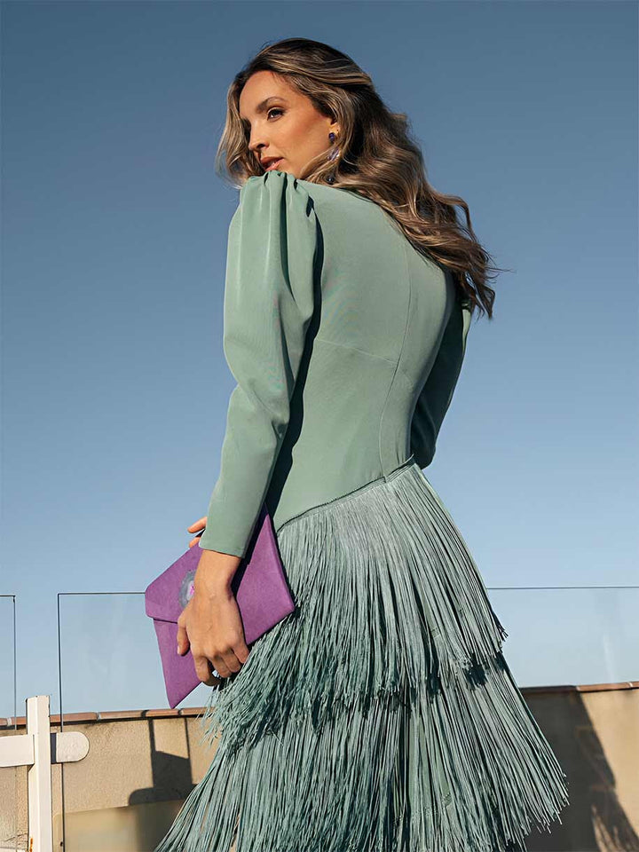 Sage green fringe dress by Emma & Rose Cape Town, featuring flowing fabric and stylish fringe details.