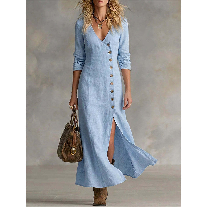 Elegant Vintage Midi Shirt Dress with Long Sleeves