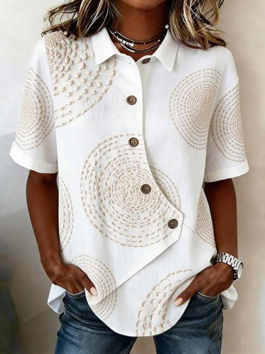Women's Solid Color Shirt with Asymmetrical Buttoning and Short Sleeves
