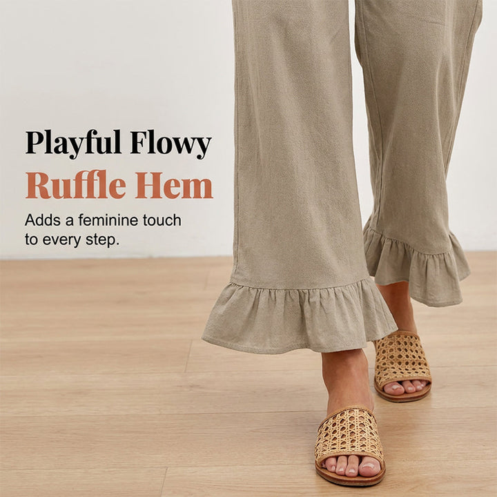 Wide Leg Women's Smocked Waist Cotton Linen Ruffled Bottom Boho Pants