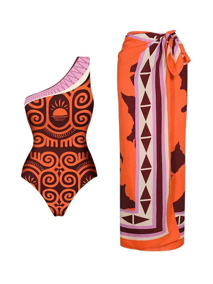 One Shoulder Ethnic Print Swimsuit, view 3 - Elena Harper