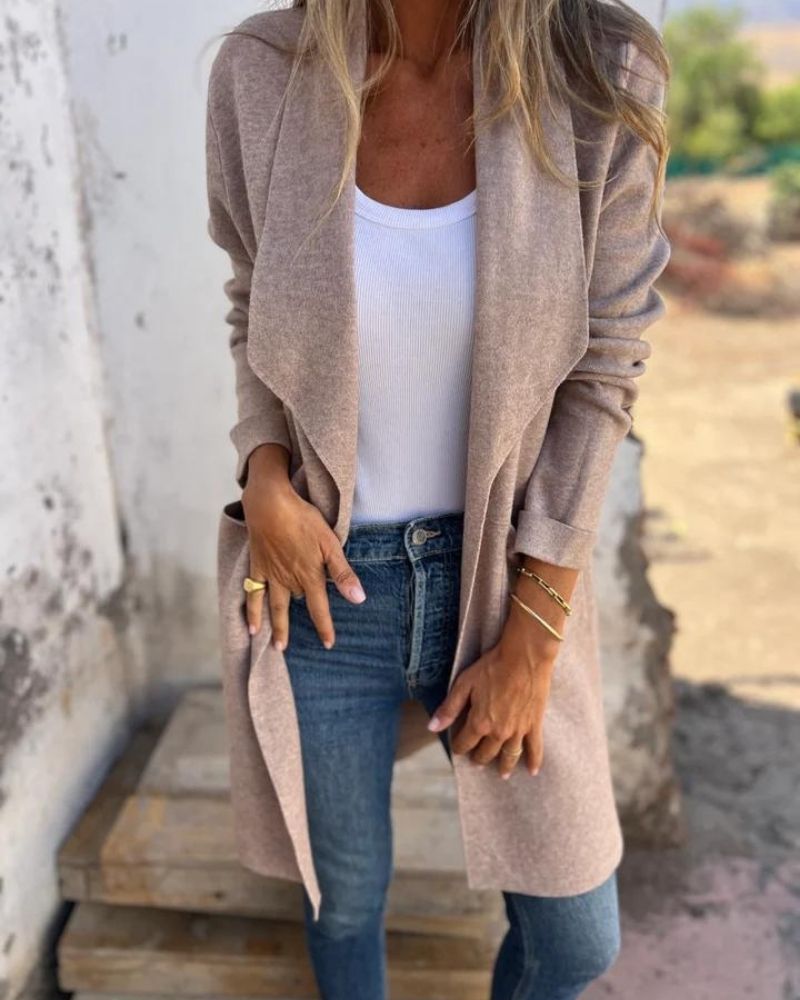 Eigona Casual Cardigan Jacket with Lapels, view 3 - Elena Harper
