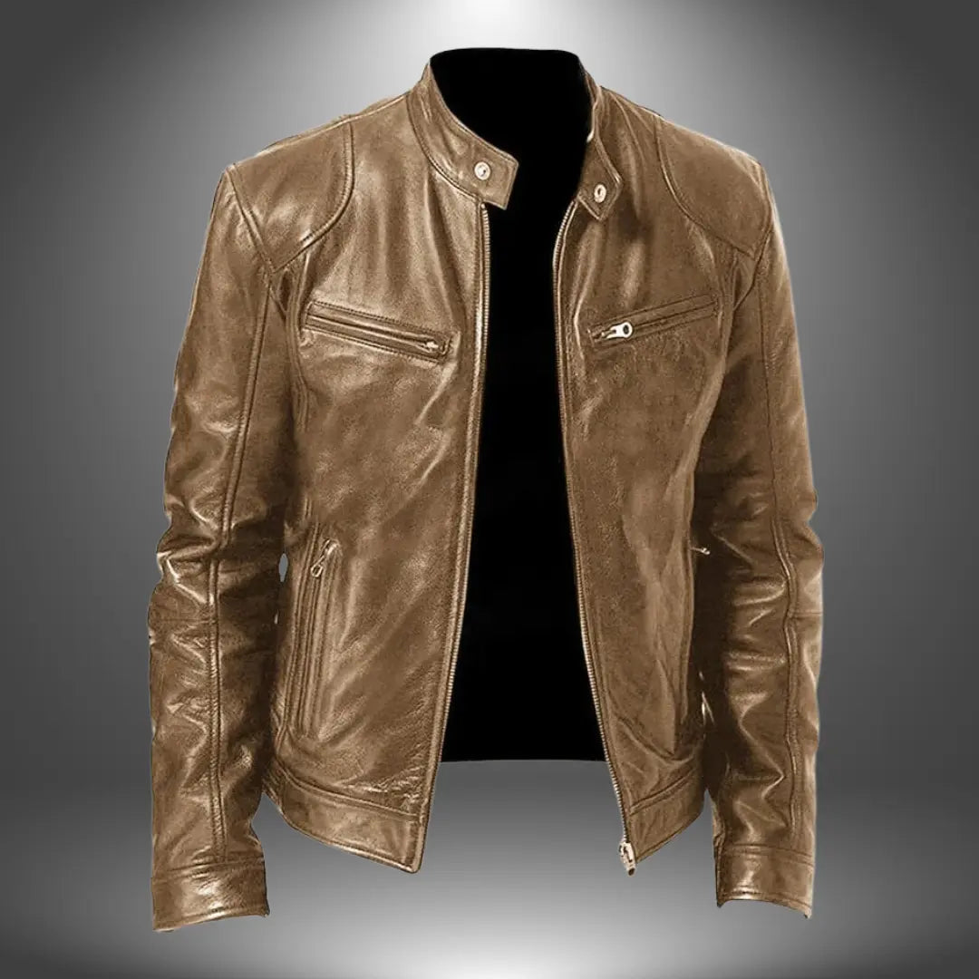 Harrington Oxford Men’s Leather Biker Jacket Zip-Up with Stand Collar and Pockets, view 7 - Elena Harper