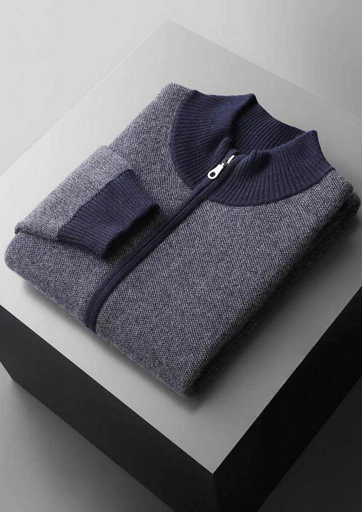 100% CASHMERE JACQUARD ZIP CARDIGAN.