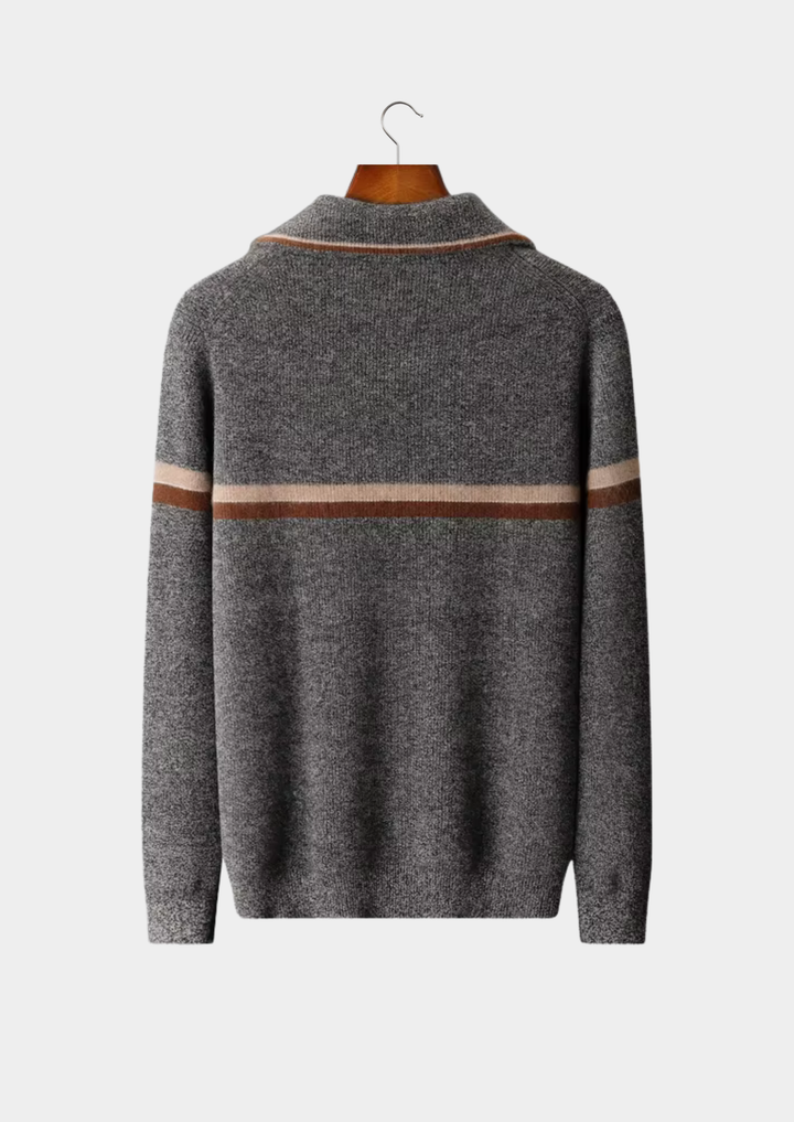 100% CASHMERE STRIPED ZIP CARDIGAN.