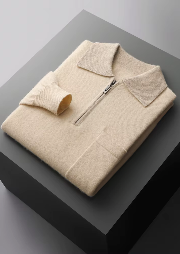 Emma & Rose cashmere two-tone zip polo — premium knitwear