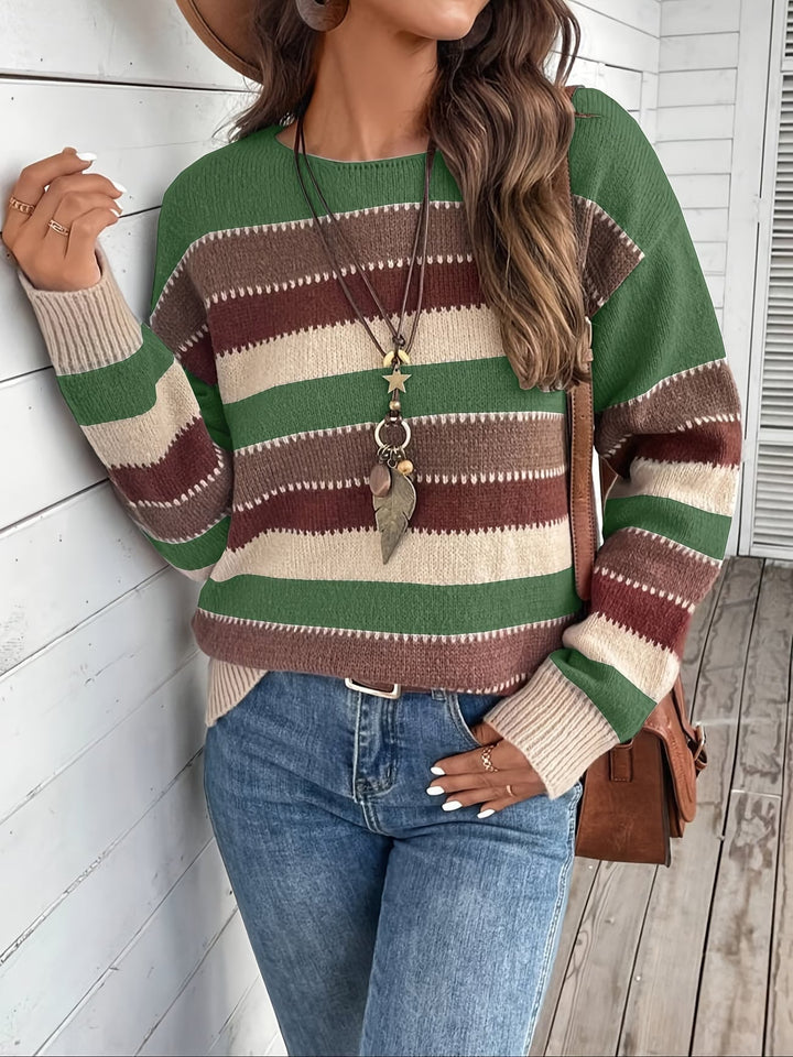 Women's Striped Knit Sweater with Round Neck