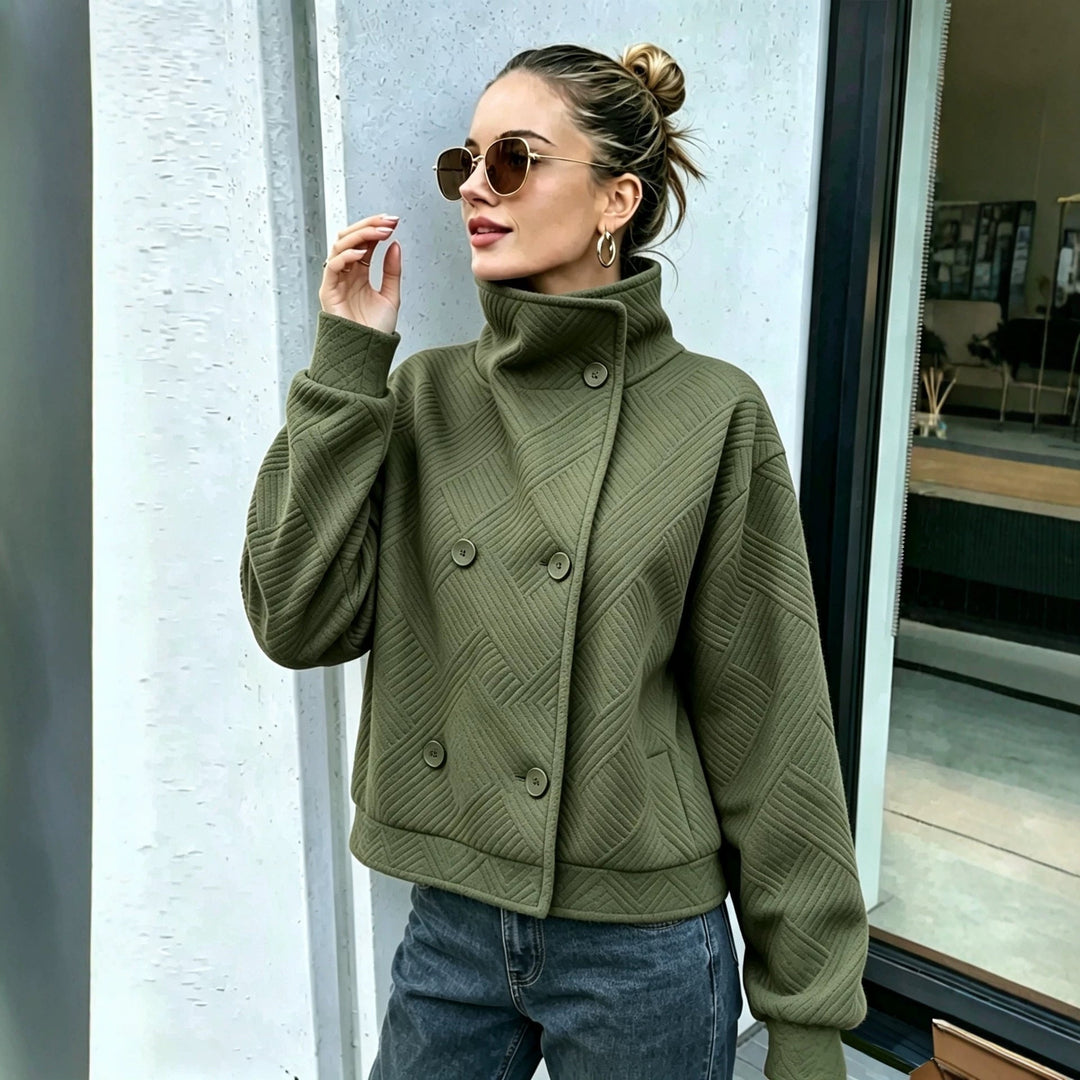 Double-breasted women's coat with high collar - Elegant and warm