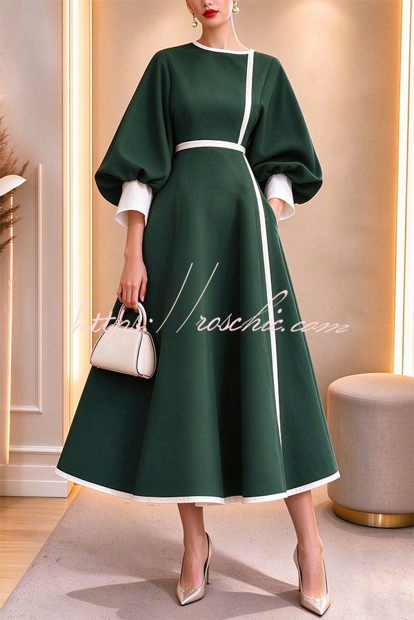 Elegant Color-block Lantern Sleeve Cinched Waist Pocketed Mid Dress