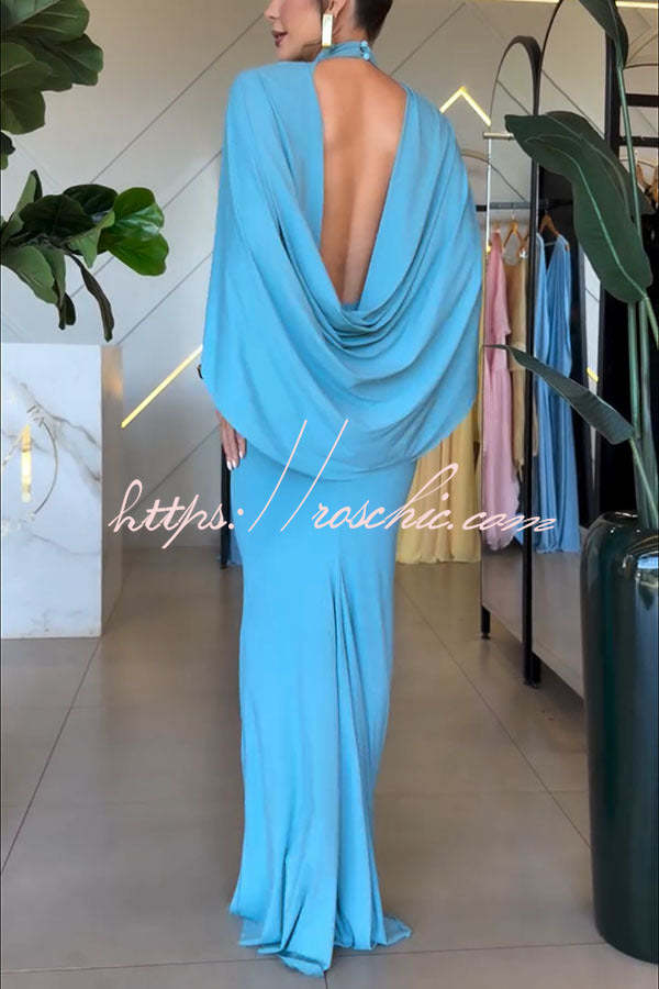 Mermaid High Neck Cape Sleeve Drape Open Back Evening Gown Maxi Dress