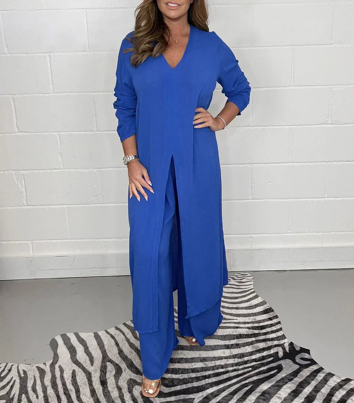 Women's Long Sleeve V-Neck Slit Top & Pants Set Relaxed Fit - Elena Harper