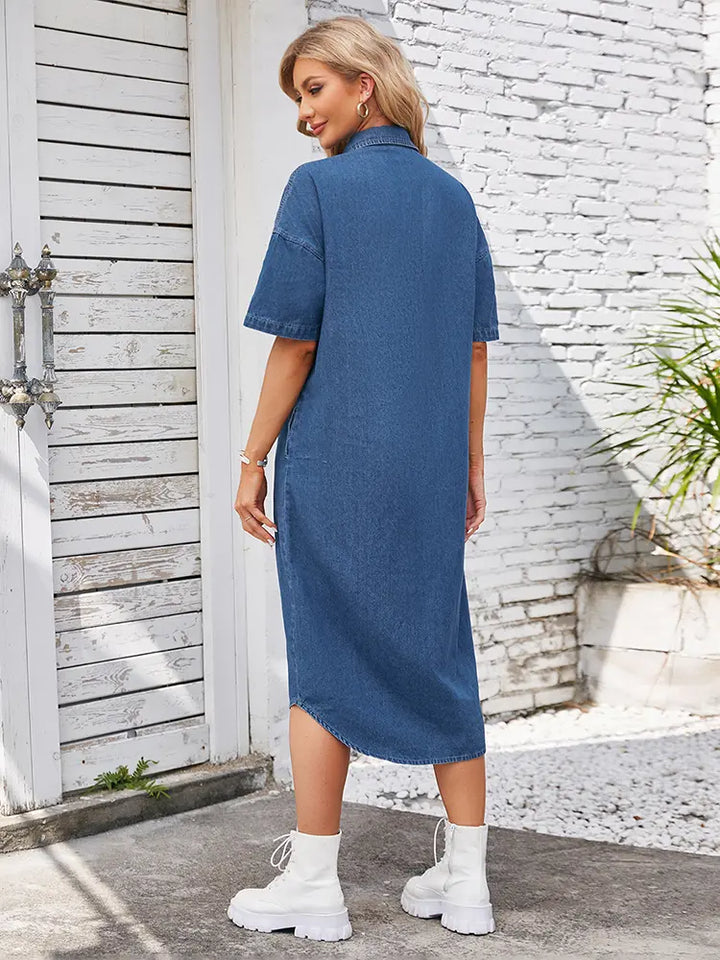 Loose-Fit Denim Short-Sleeve Maxi Dress