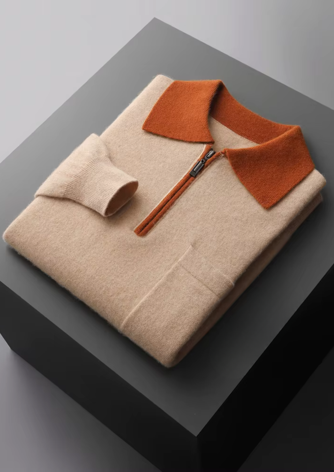 Emma & Rose cashmere two-tone zip polo — premium knitwear