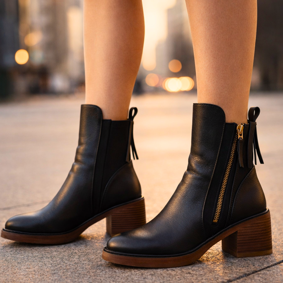 Women's Leather Heeled Ankle Boots – Stylish Ankle Boots with Cushioned Insole and Metal Zip