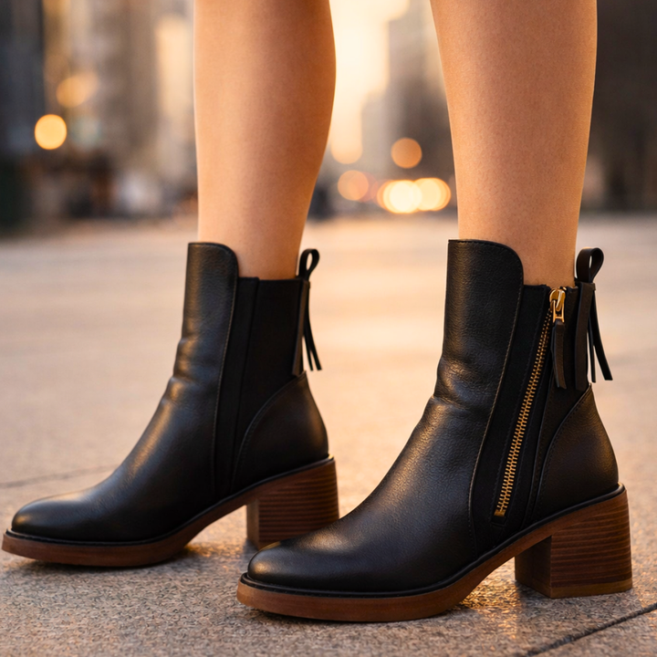 Women's Leather Heeled Ankle Boots – Stylish Ankle Boots with Cushioned Insole and Metal Zip