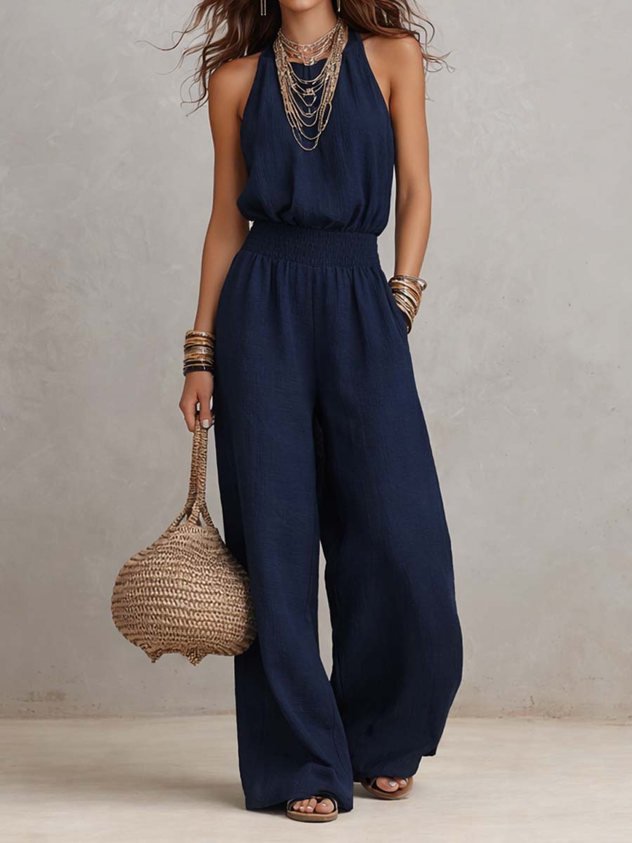 Women's Fluid Halter Jumpsuit with Wide Legs and Elastic Waist, view 5 - Elena Harper