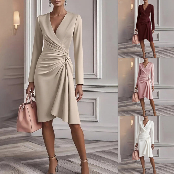 Elegant Women's Midi Dress with Ruched V-Neck – Fitted A-Line Cut