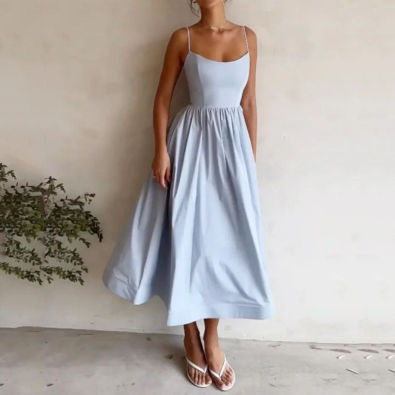 Women's Summer Solid Color Dress with Thin Straps and A-Line Skirt