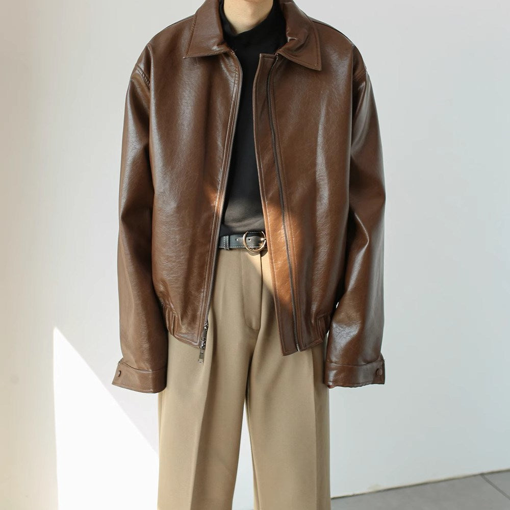 Short Leather Jacket with Zipper for Men - Emar