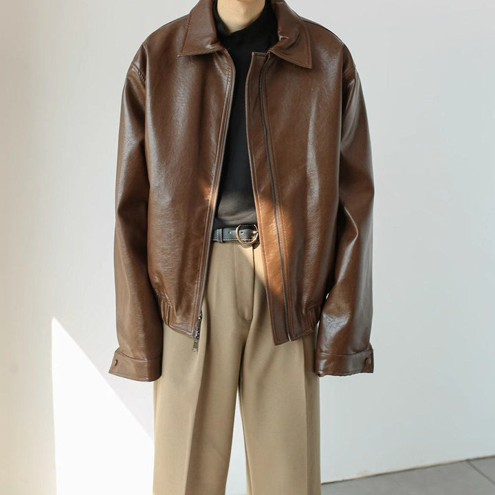 Short Leather Jacket with Zipper for Men - Emar