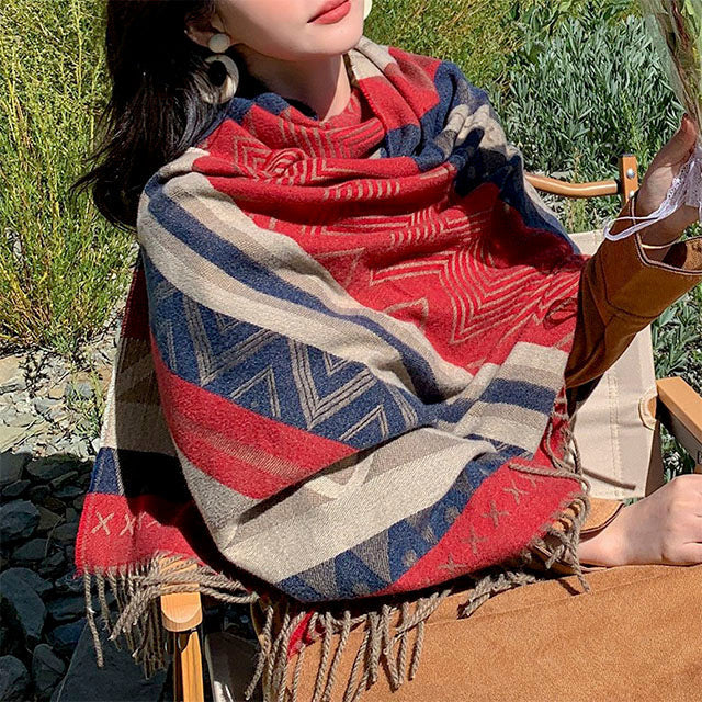 Fringed Scarf with Geometric Print