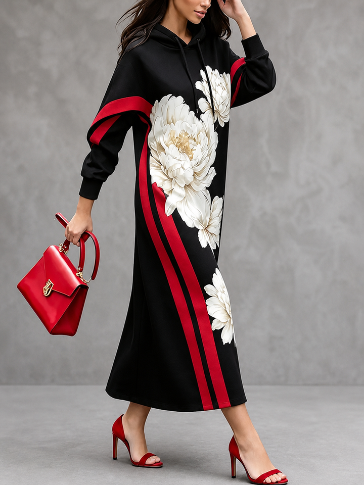 Women's Long Hooded Floral Print Dress