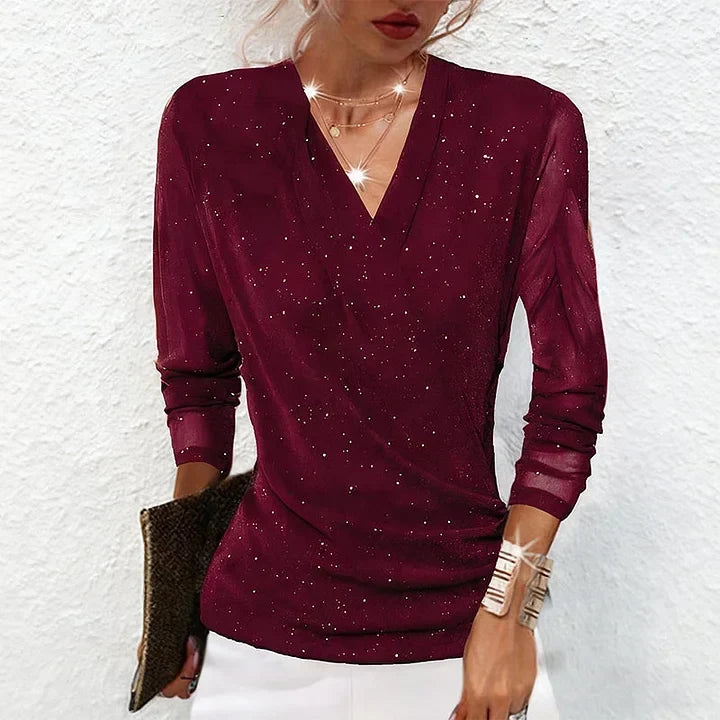 Ladies Glitter Top with V-Neck and Long Sleeves
