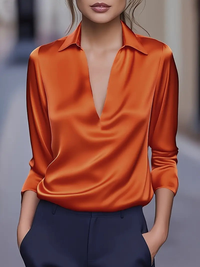 Women's Elegant Collared V-Neck Blouse - Long Sleeve