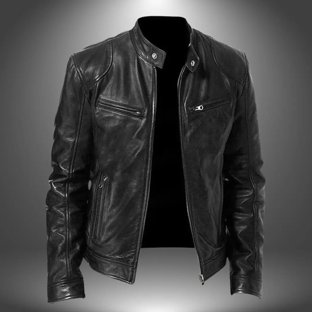 Harrington Oxford Men’s Leather Biker Jacket Zip-Up with Stand Collar and Pockets - Elena Harper