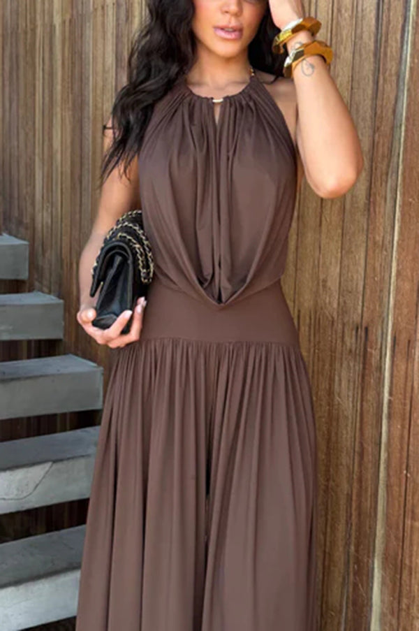 Lightweight Chic Metal Ring Drape Cowl Halter Neck Stretch Bodysuit