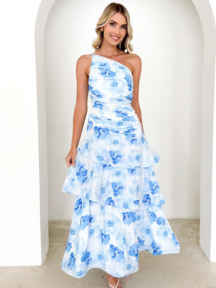 One-Shoulder Strappy Floral Print Dress, view 4 - Elena Harper