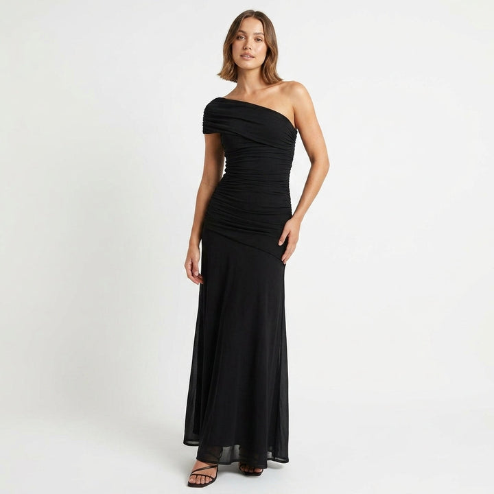 One Shoulder Asymmetric Gathered Maxi Gown Evening