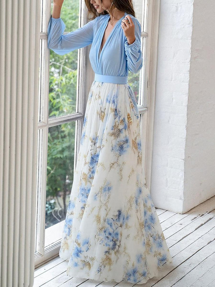 Flower Maxi Dress with V-Neck and Long Sleeves for Women