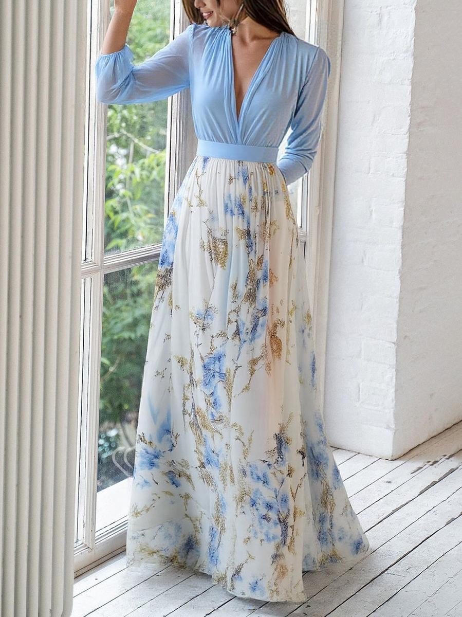 Flower Maxi Dress with V-Neck and Long Sleeves for Women