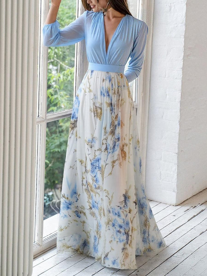 Flower Maxi Dress with V-Neck and Long Sleeves for Women