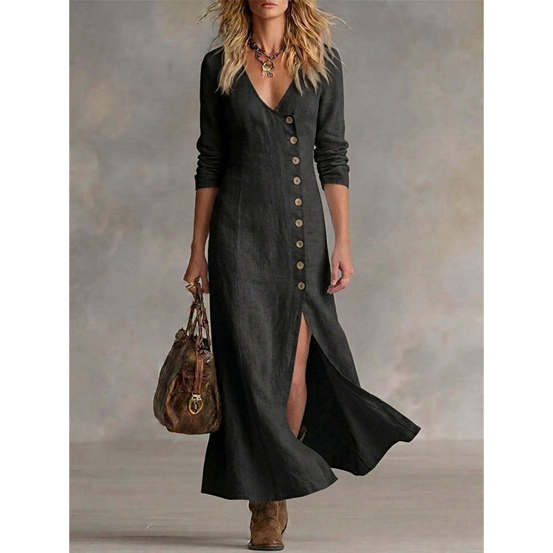 Elegant Vintage Midi Shirt Dress with Long Sleeves