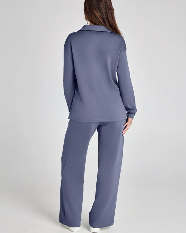 Autumn Women's Two-Piece Set with High Neck Sweatshirt and Wide Leg Pants