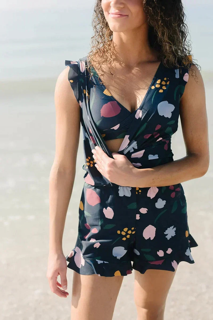 Women's One-Piece Swimsuit with Integrated Bra and Ruffled Sleeves | Ideal for Summer