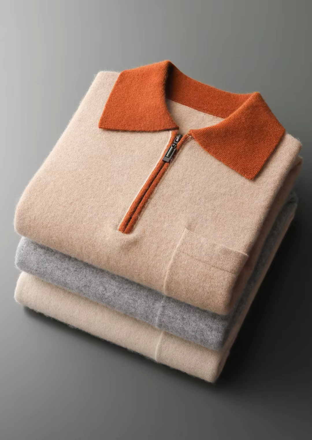 Emma & Rose cashmere two-tone zip polo — premium knitwear