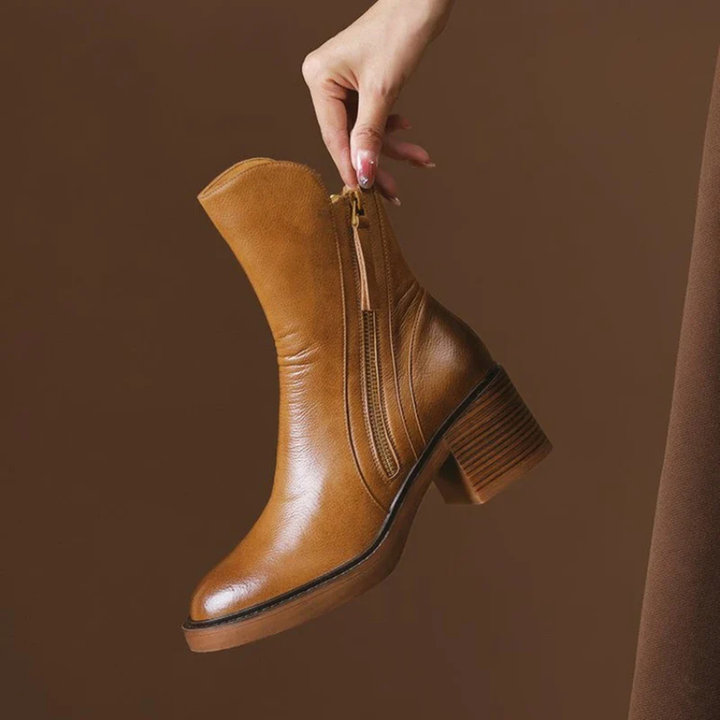 Women's Leather Heeled Ankle Boots – Stylish Ankle Boots with Cushioned Insole and Metal Zip