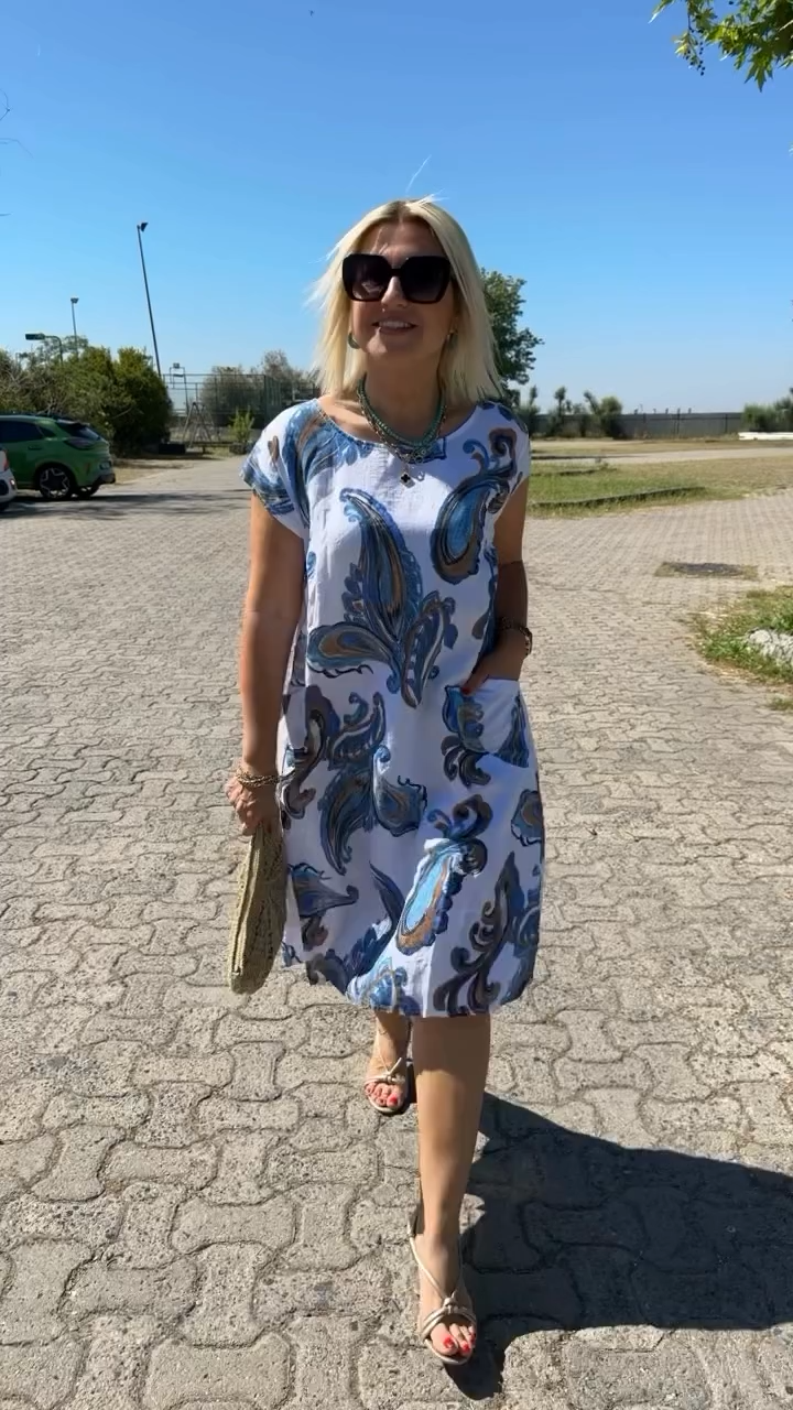 Hazal Elegant Cotton Dress with Prints, view 3 - Elena Harper